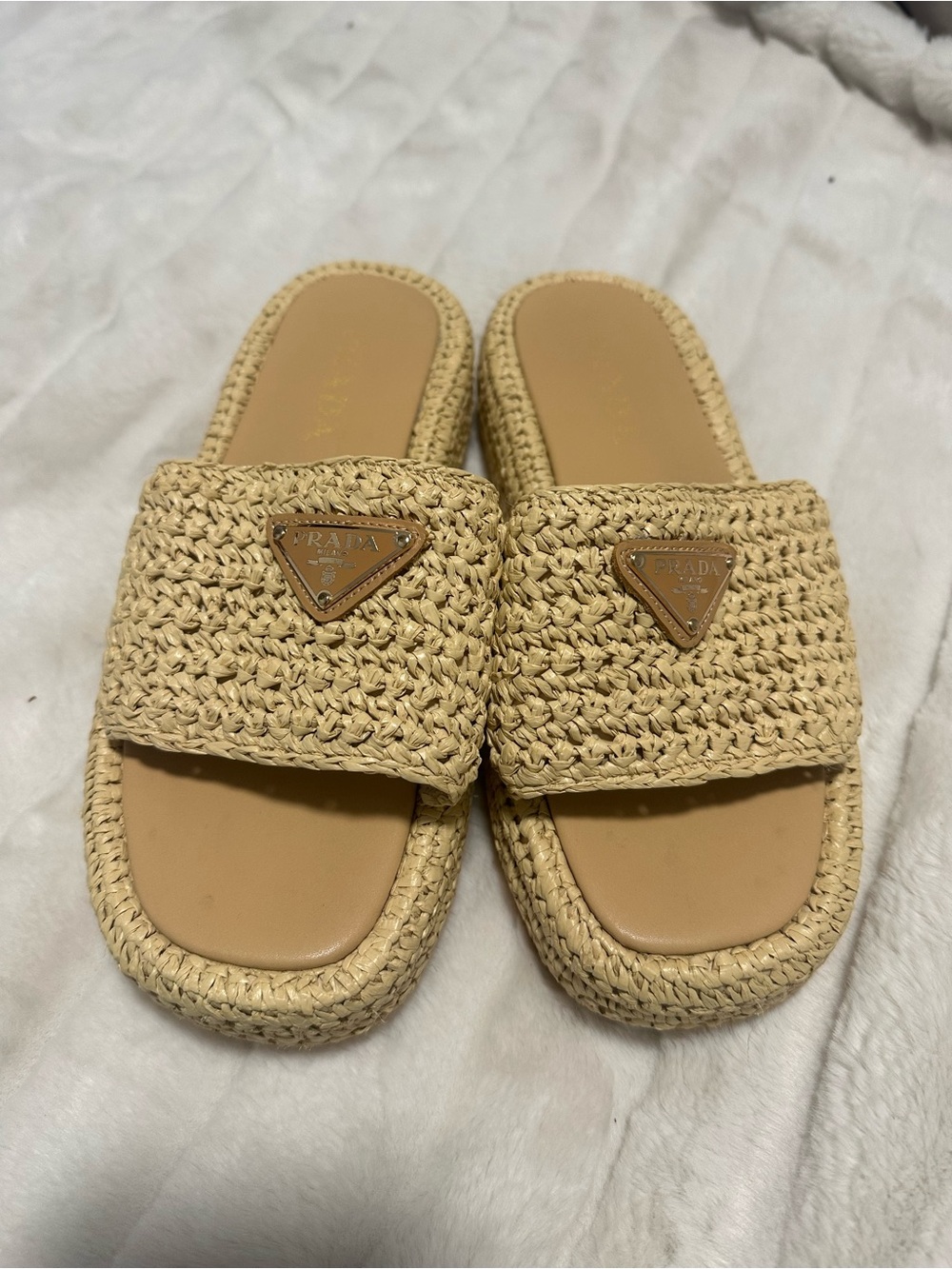 Prada Raffia Slide Sandals | Size 8